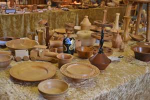 Turned wooden bowls, trains, pots